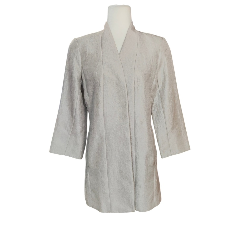 Eileen Fisher Silver Silk Blend Open Front Blazer Jacket Metallic Quiet Luxury S - Picture 2 of 9